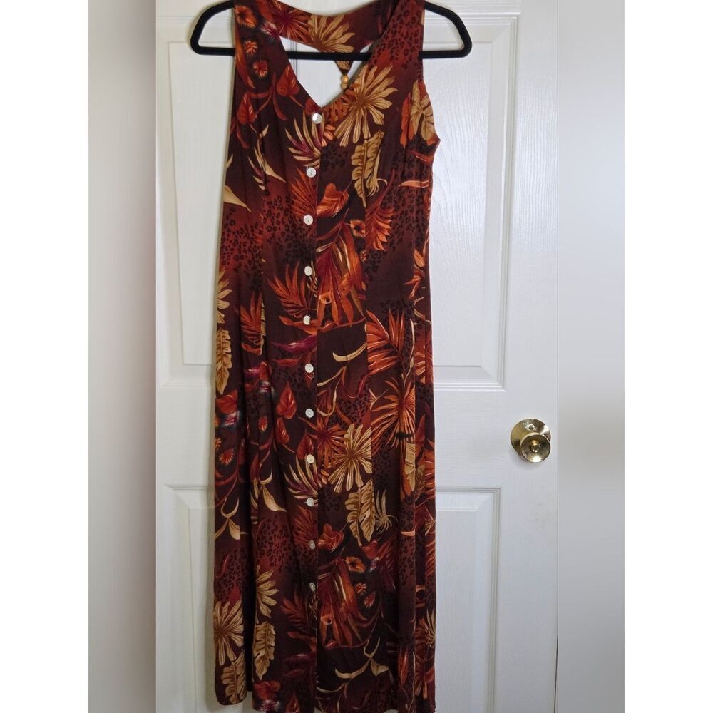 California Krush PM BrownRust TropicalPrint TightBack ButtonsUp Women Maxi Dress